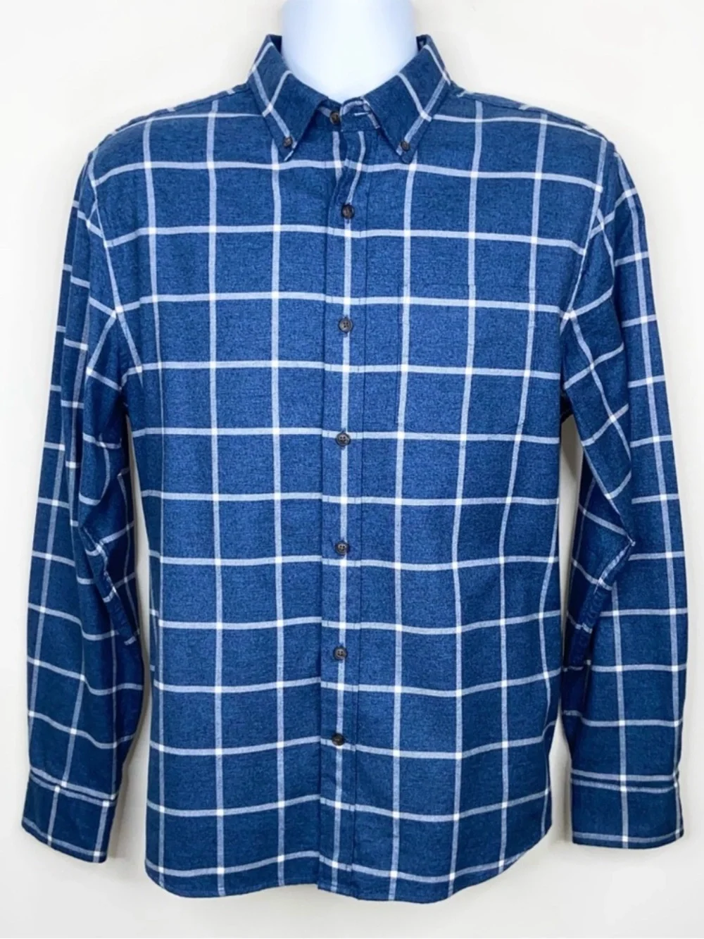 BR M Navy White Window Pane Plaid Ultra Soft Untucked Slim Fit Flannel Shirt